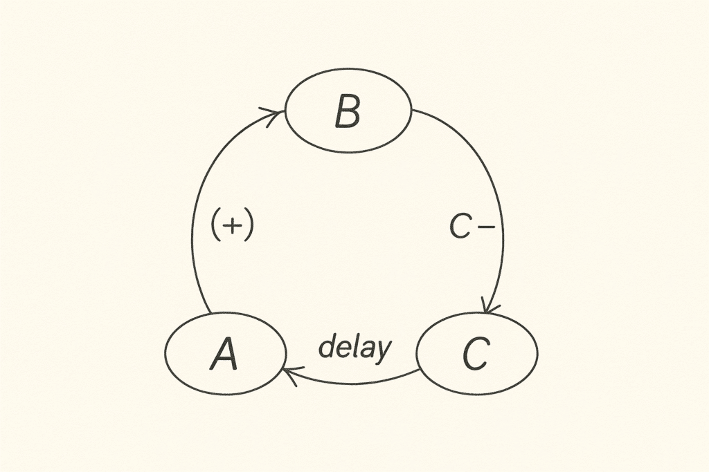 Sơ đồ vòng phản hồi đơn giản A→B (+), B→C (–), C→A (delay), minh họa kỹ thuật hỏi ngược trong tư duy phản biện.