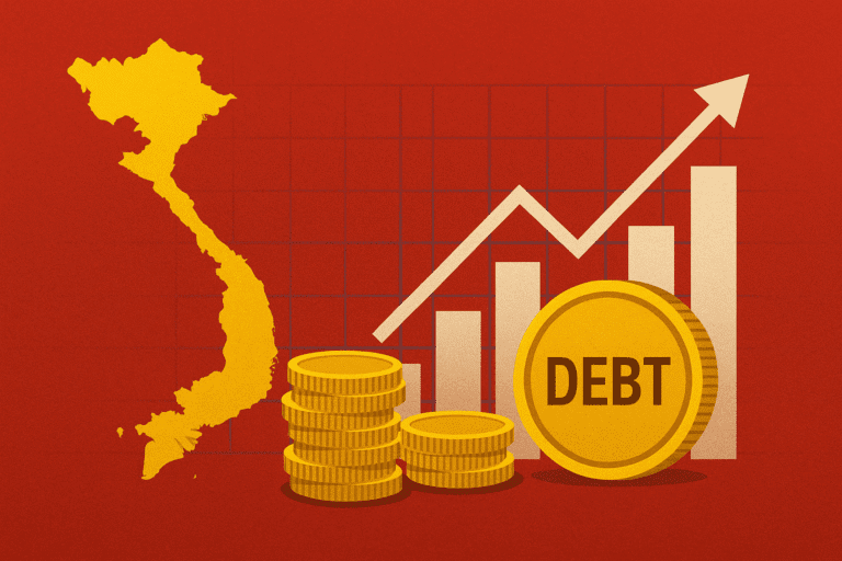 Minh họa nợ công Việt Nam với bản đồ Việt Nam, biểu đồ tăng trưởng, đồng xu và chữ Debt, thể hiện xu hướng bội chi ngân sách sau COVID