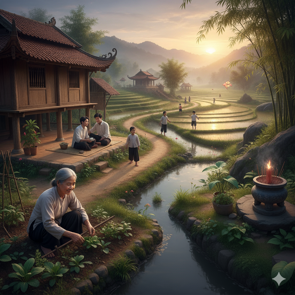 Việt Đạo: khung cảnh làng quê Việt Nam với mái nhà truyền thống, ruộng lúa, và hình ảnh gia đình sum vầy, thể hiện nét đẹp văn hóa và lối sống bình dị.